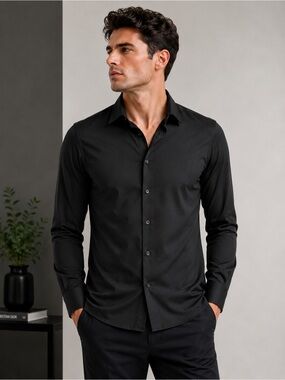 Bruno Milano Black Stretch Button-Up Dress Shirt Soft Scuba Feel Men’s Small